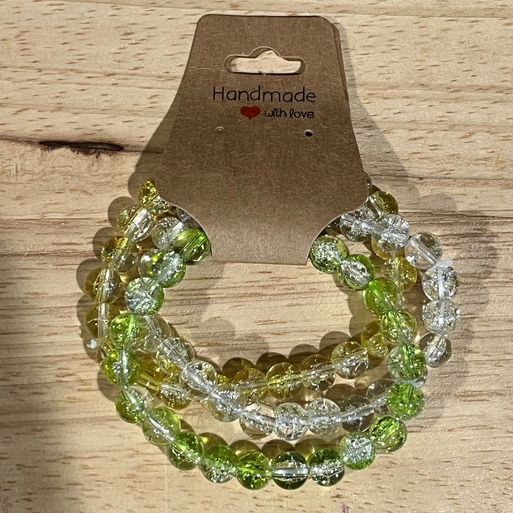 Handmade Beaded Bracelet Set Women OS Yellow Green Clear Crackle Glass Boho Set